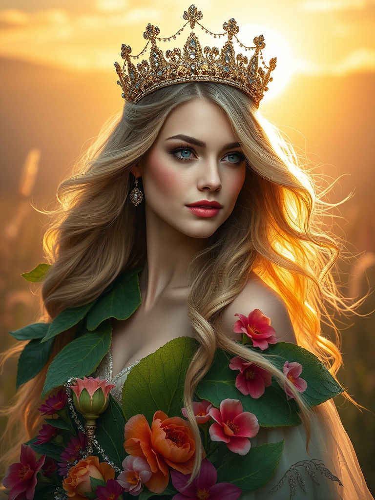 Spring Queen in Hyperrealistic Splash Art Style