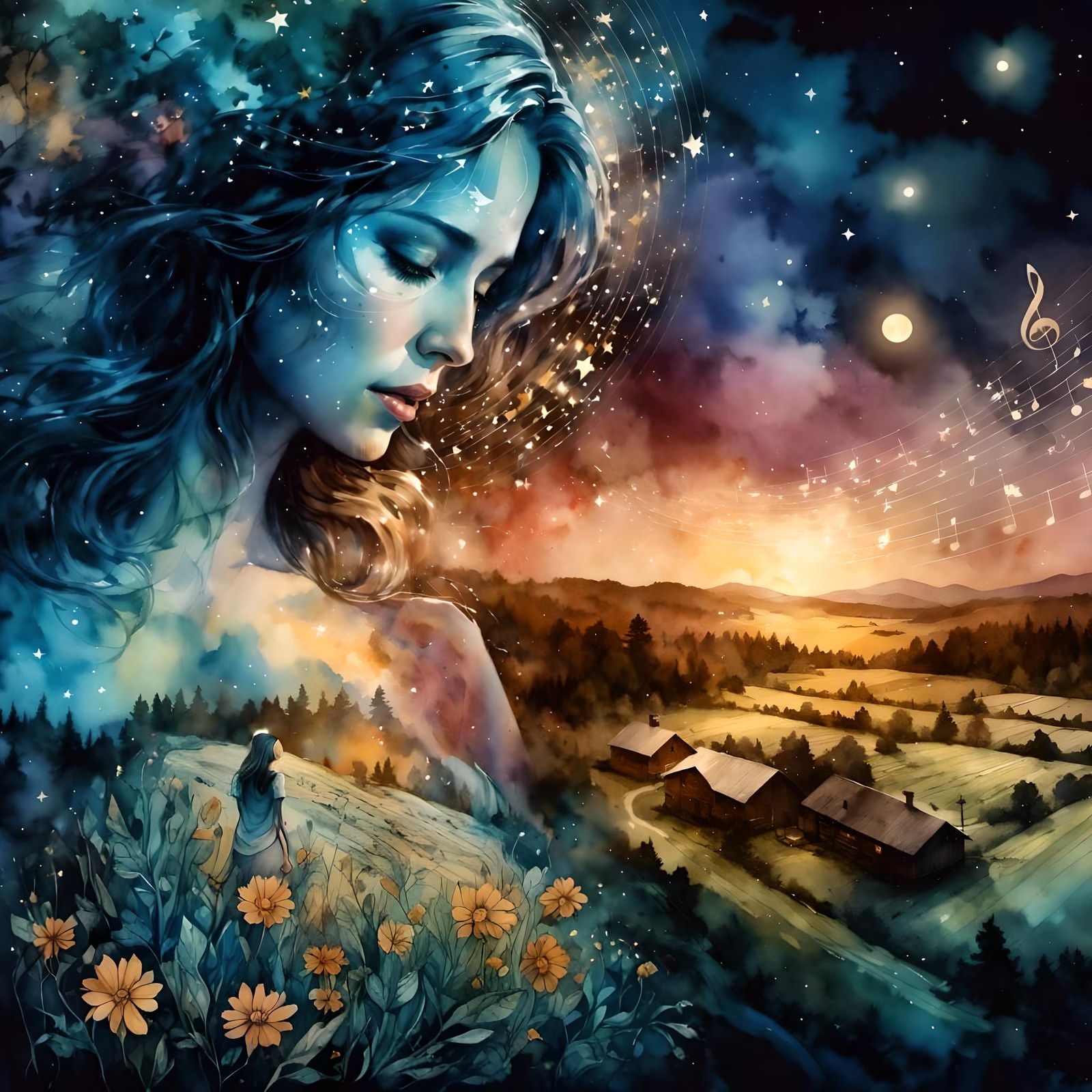 Epic Woman and Child in Romantic Watercolor Style