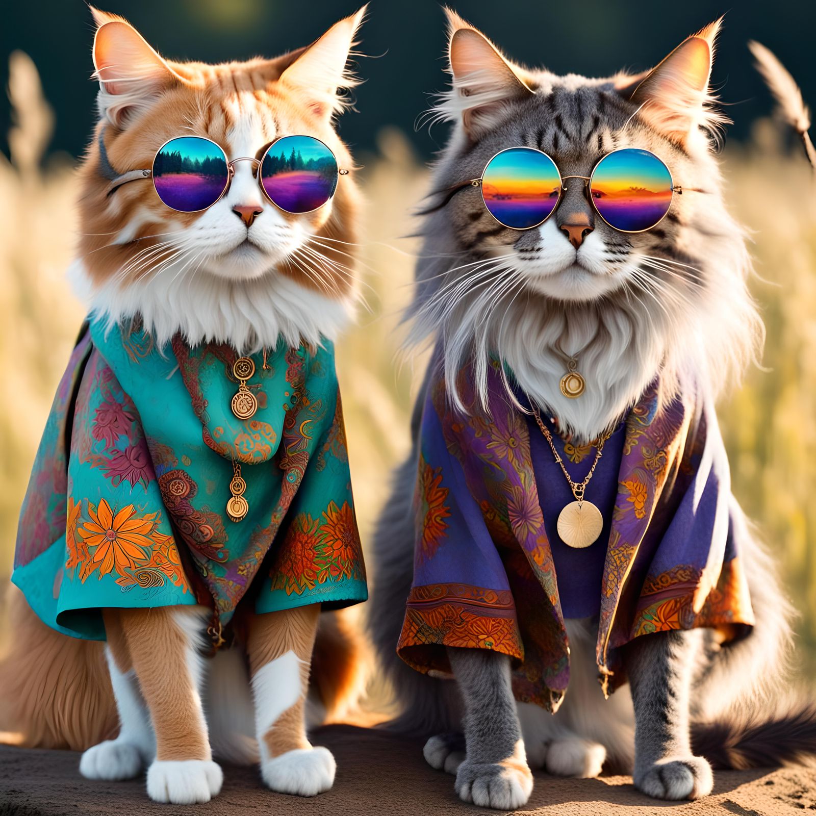 Hippie Cats in Psychedelic Field