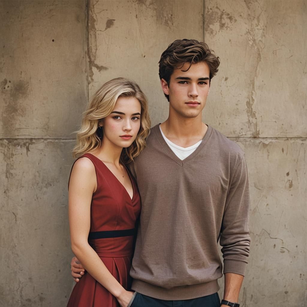 Blonde Girl in Red Dress with Young Man
