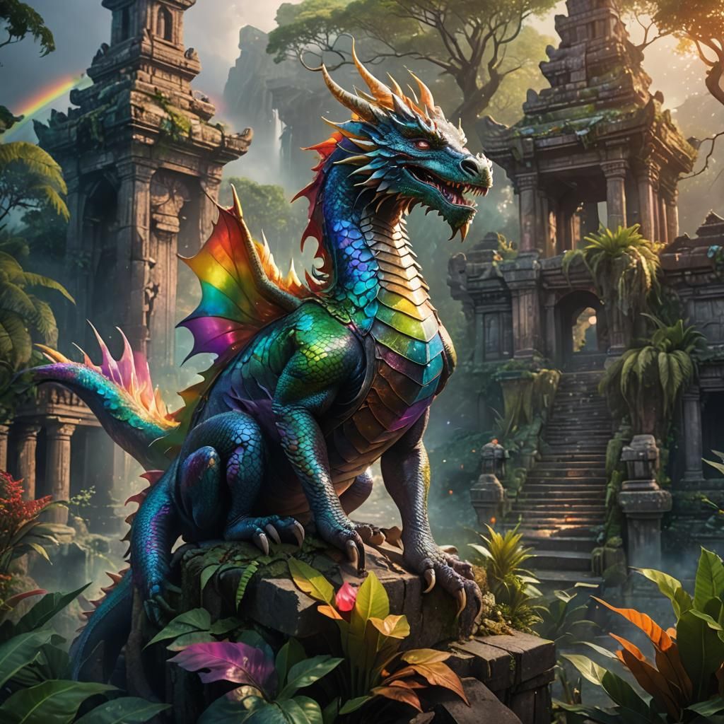 Iridescent Dragon Perched on Ancient Temple