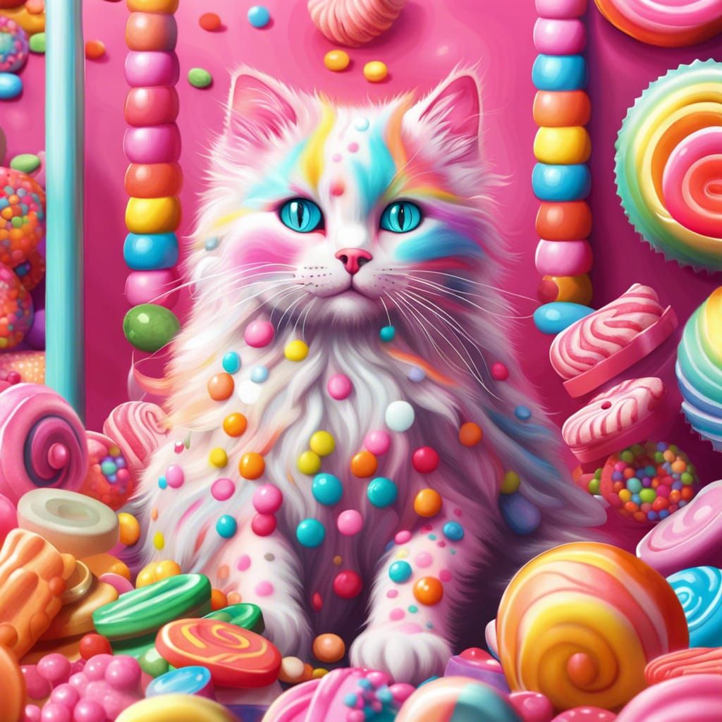 Rainbow Cat in Candy Shop: Digital Illustration