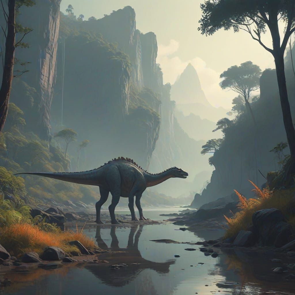 Dinosaur Grazing Near Water: Atmospheric Concept Art