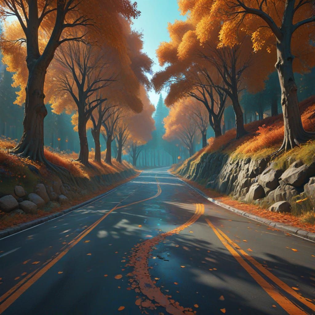 A winding road lined with trees during autumn 115