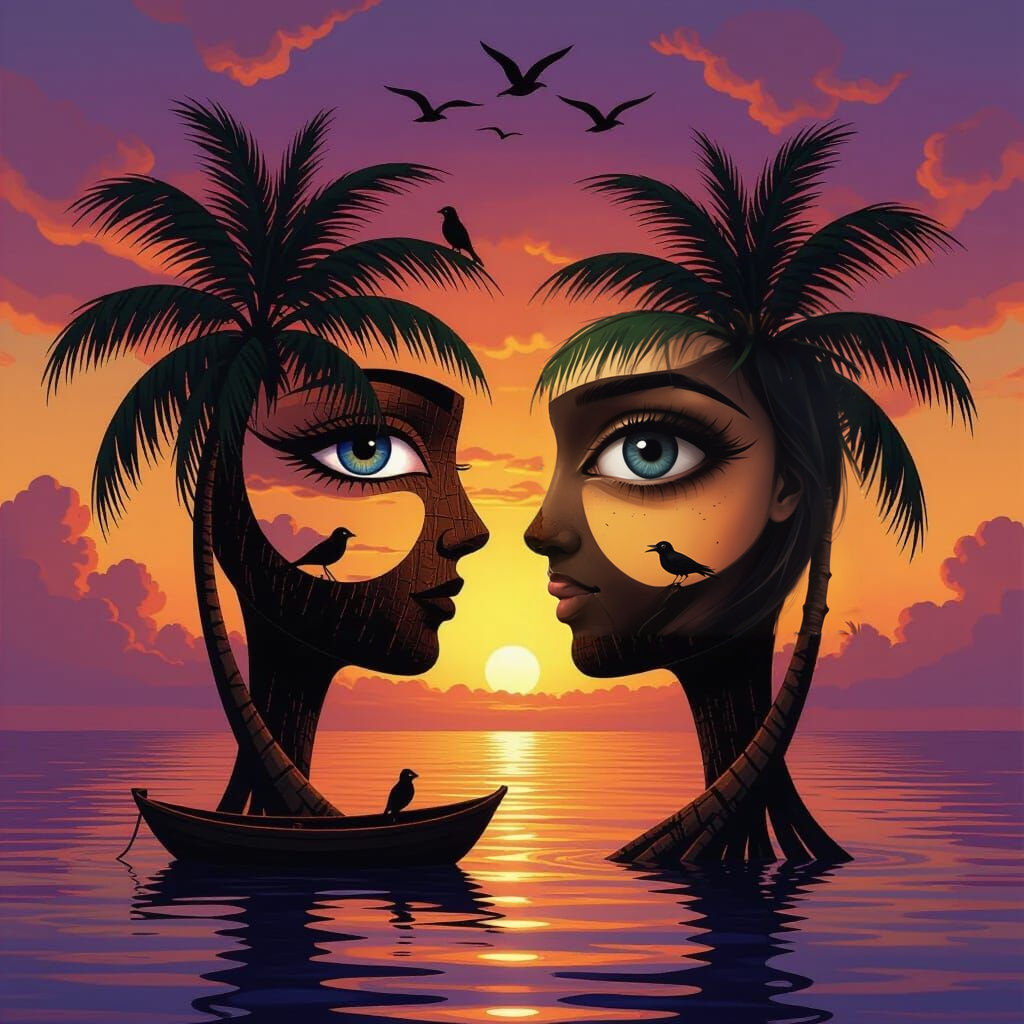 Coconut Tree Face with Birds and Boat, Surreal Art