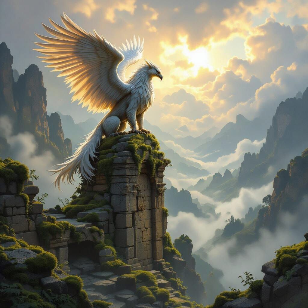 Griffin Perched Atop Ancient Ruin in Sunlight
