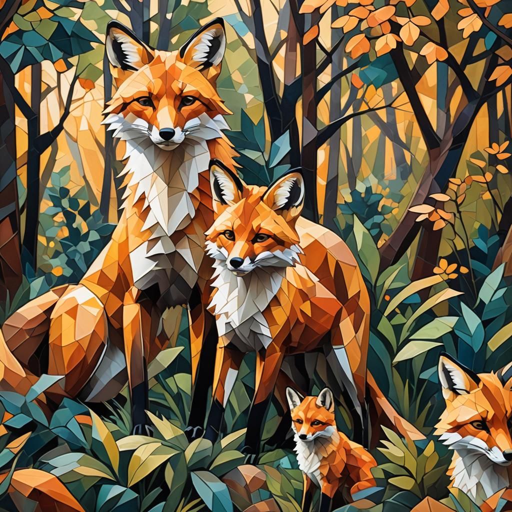 Fox and Cub in Geometric Forest, Cubist Art Deco