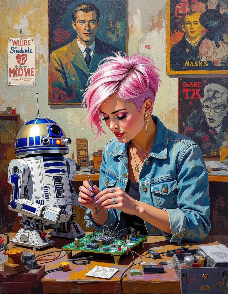 BB8 Watches Robot Repair in Impressionist Style