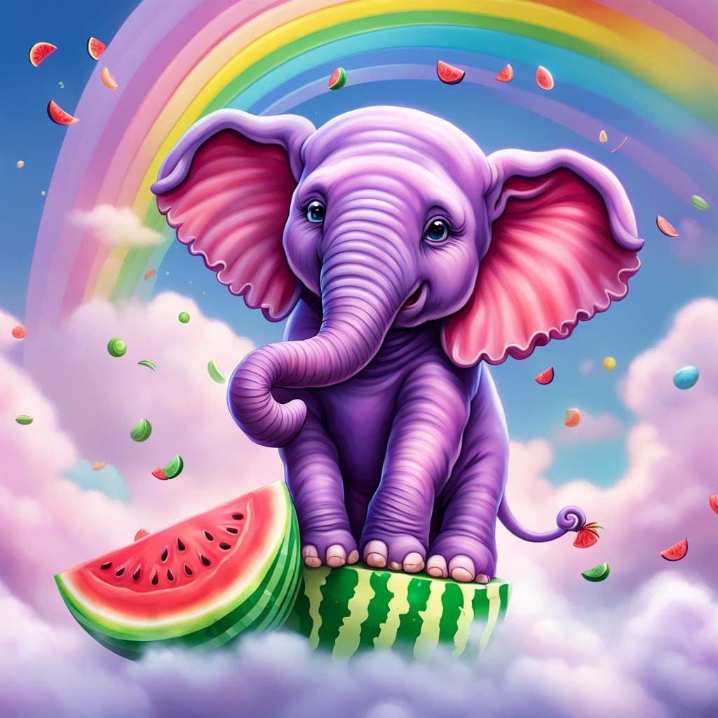Purple Elephant Eating Watermelon in Candyland Art