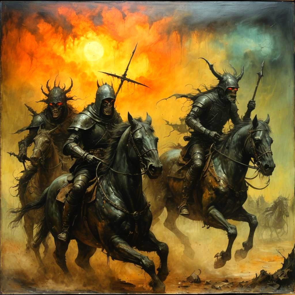 Grimdark Horsemen Ride a Storm, Bosch Style