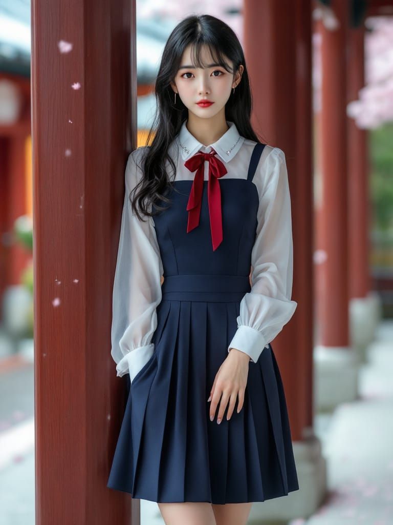 Japanese School Uniform Portrait in Spring Blossom Courtyard