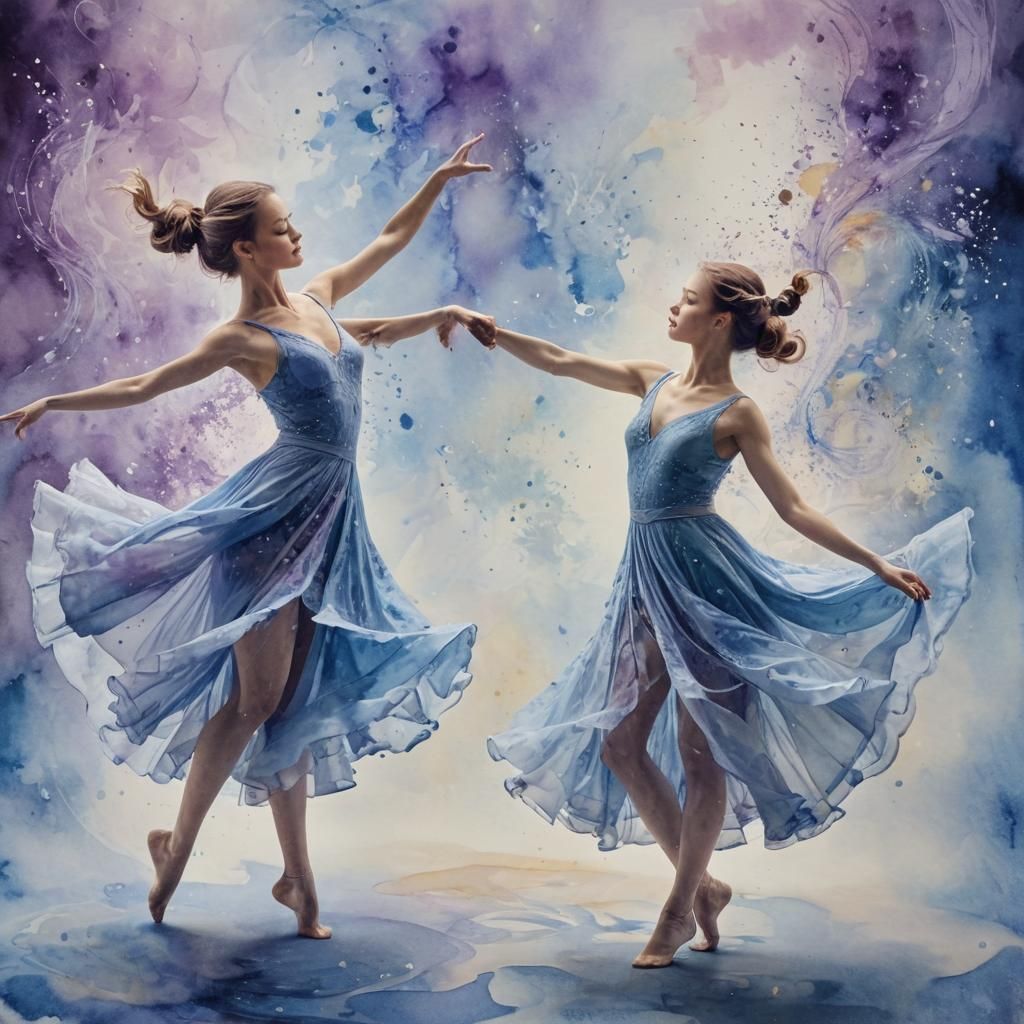 Elegant Dancers in Whimsical Watercolor Dreamscape