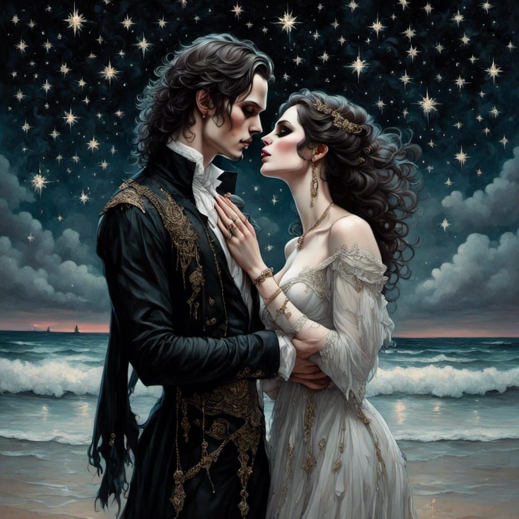 Glittery Twilight: Couple Gazing at Stars on Beach