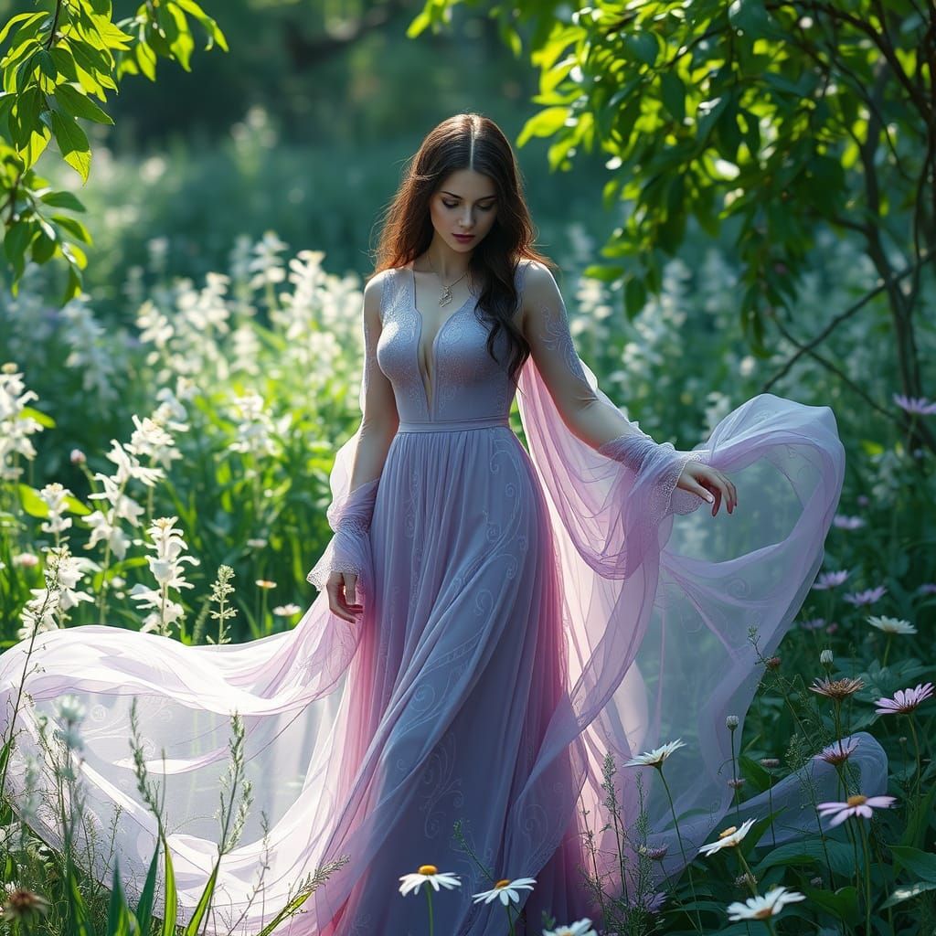Ethereal Goddess in Whimsical Art Nouveau Landscape