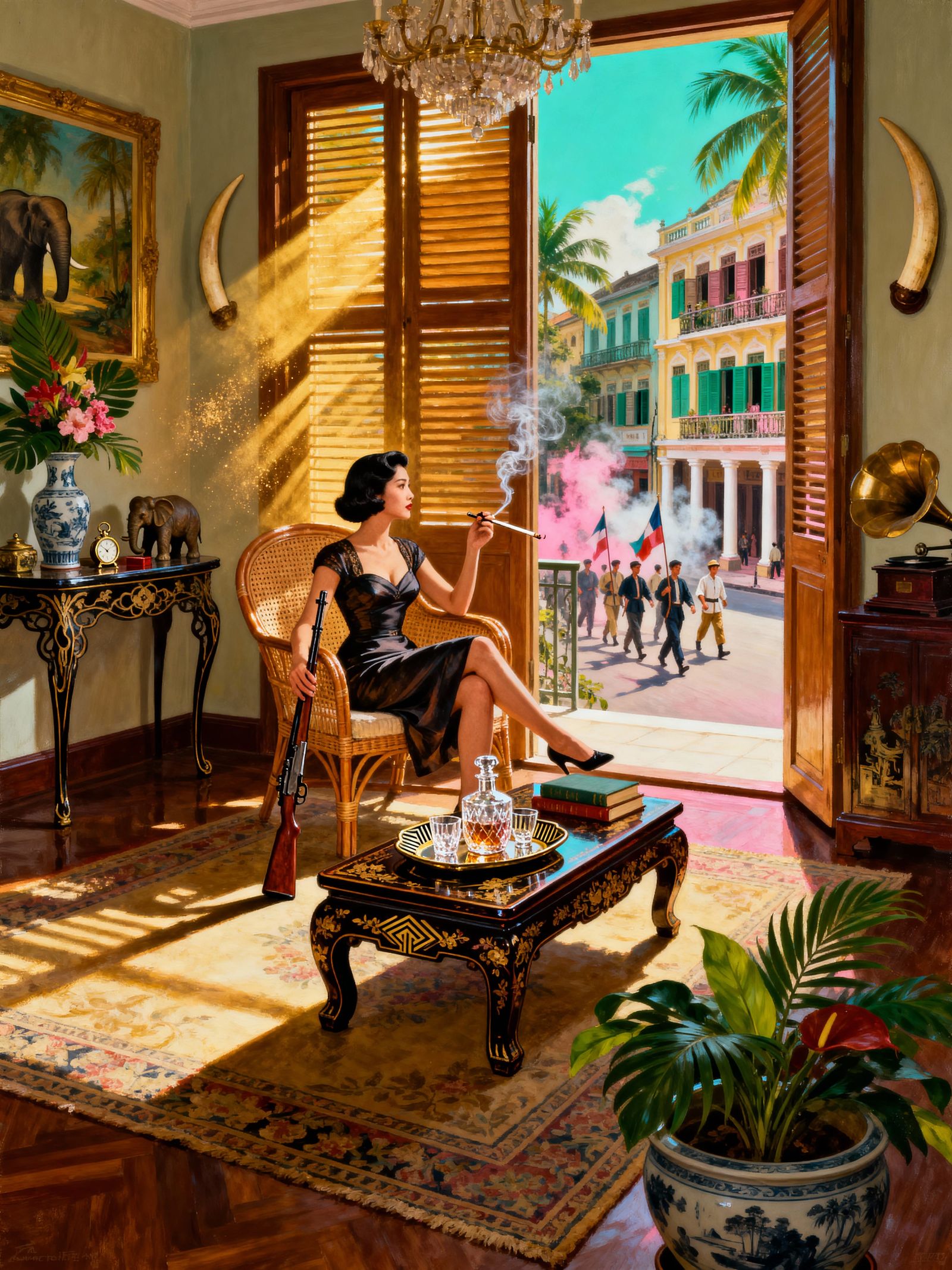 Elegant 1940s Woman in Colonial Room with Firearm