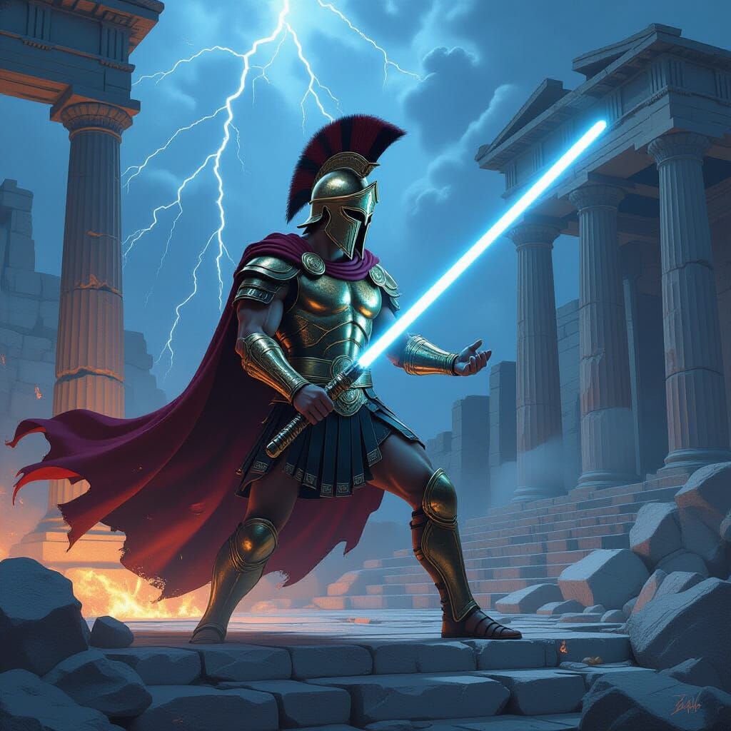 Greek Warrior Fights with Lightsaber in Temple Ruins