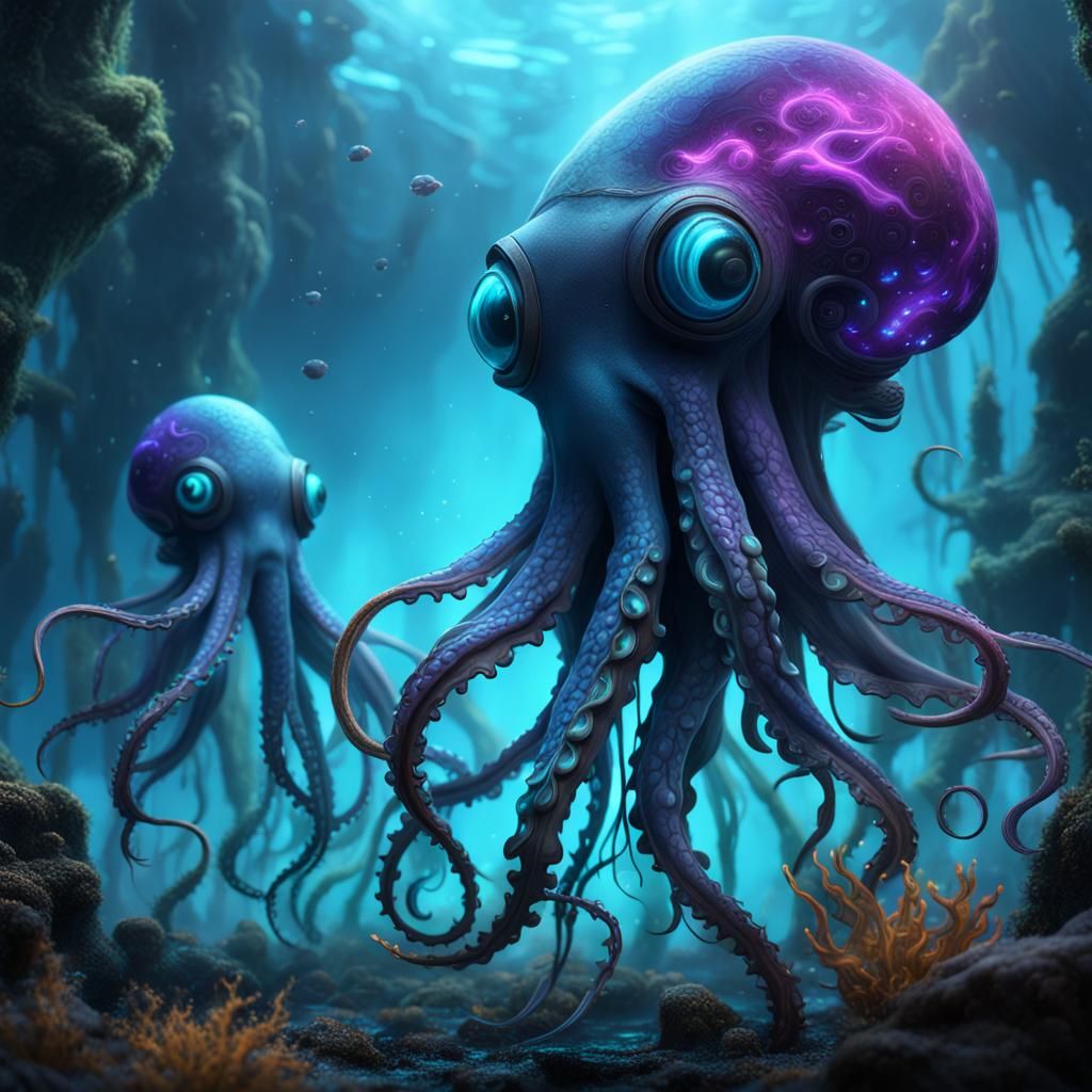 Bioluminescent Squids with Smoky Hair: Fantasy Concept Art