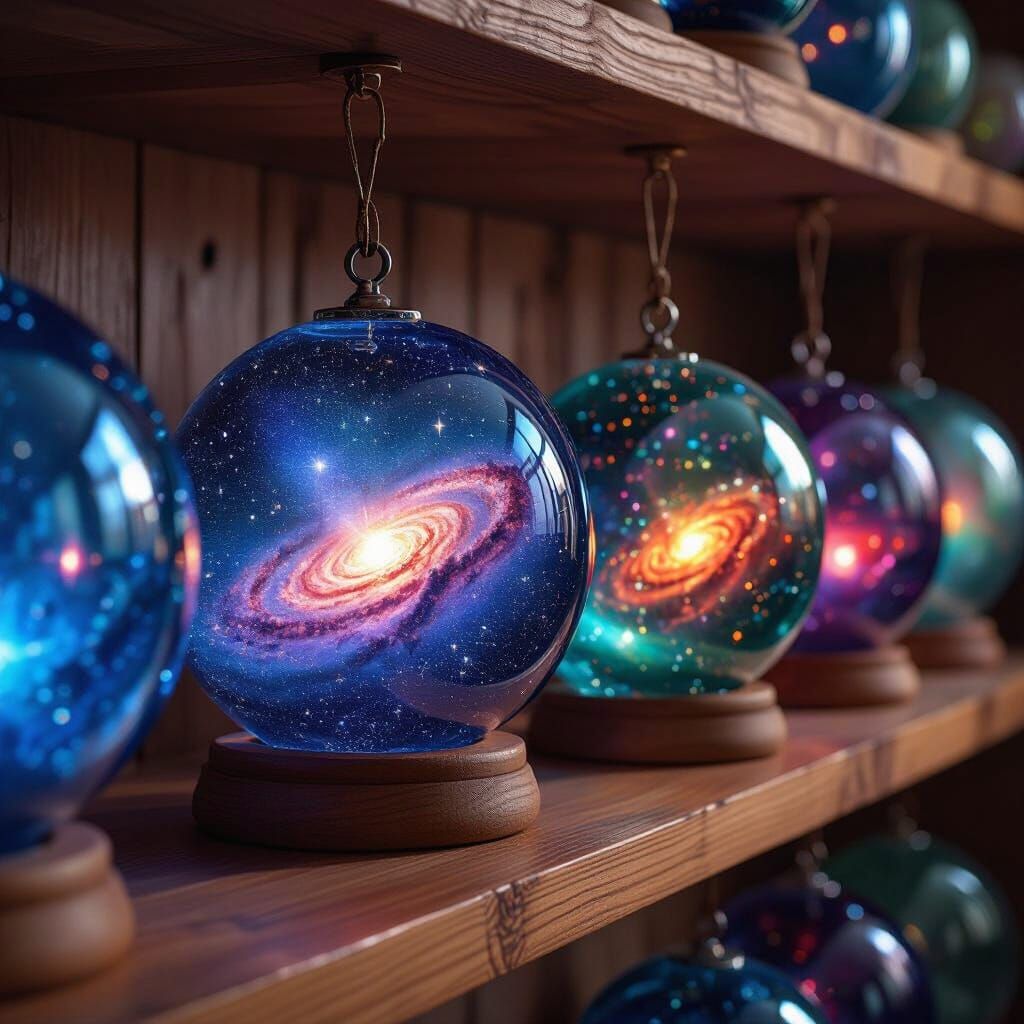Cosmic Glass Orbs: Galactic Scenes in Digital Art