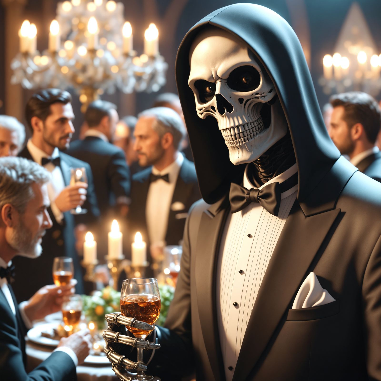 Grim Reaper at Extravagant Party in CGI Style
