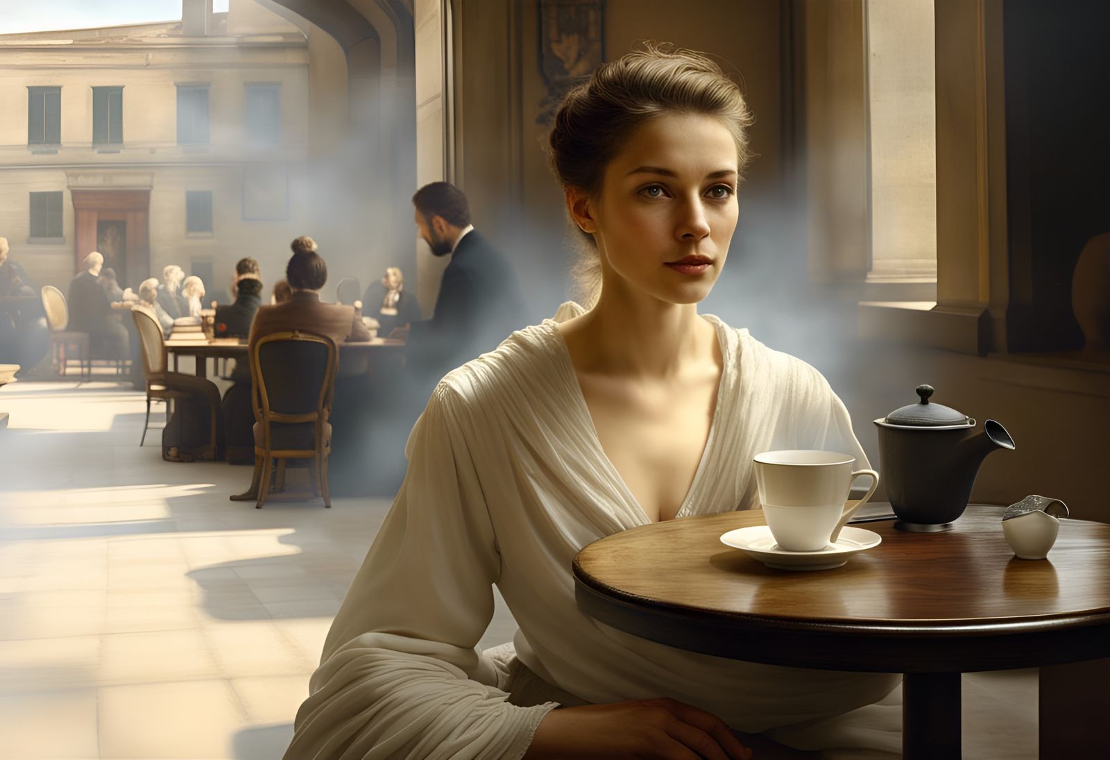Elegant Woman Enjoying Tea, Photorealistic Portrait