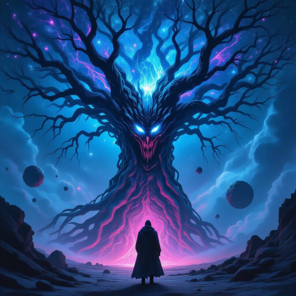 Biomechanical Tree with Gothic Carvings in Retro Synthwave S...