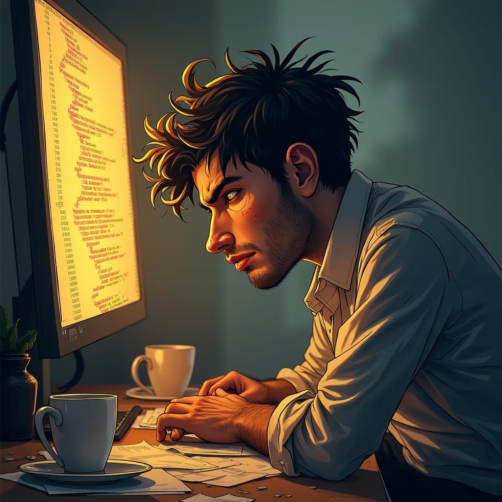 Weary Coder in Golden Hour Digital Illustration