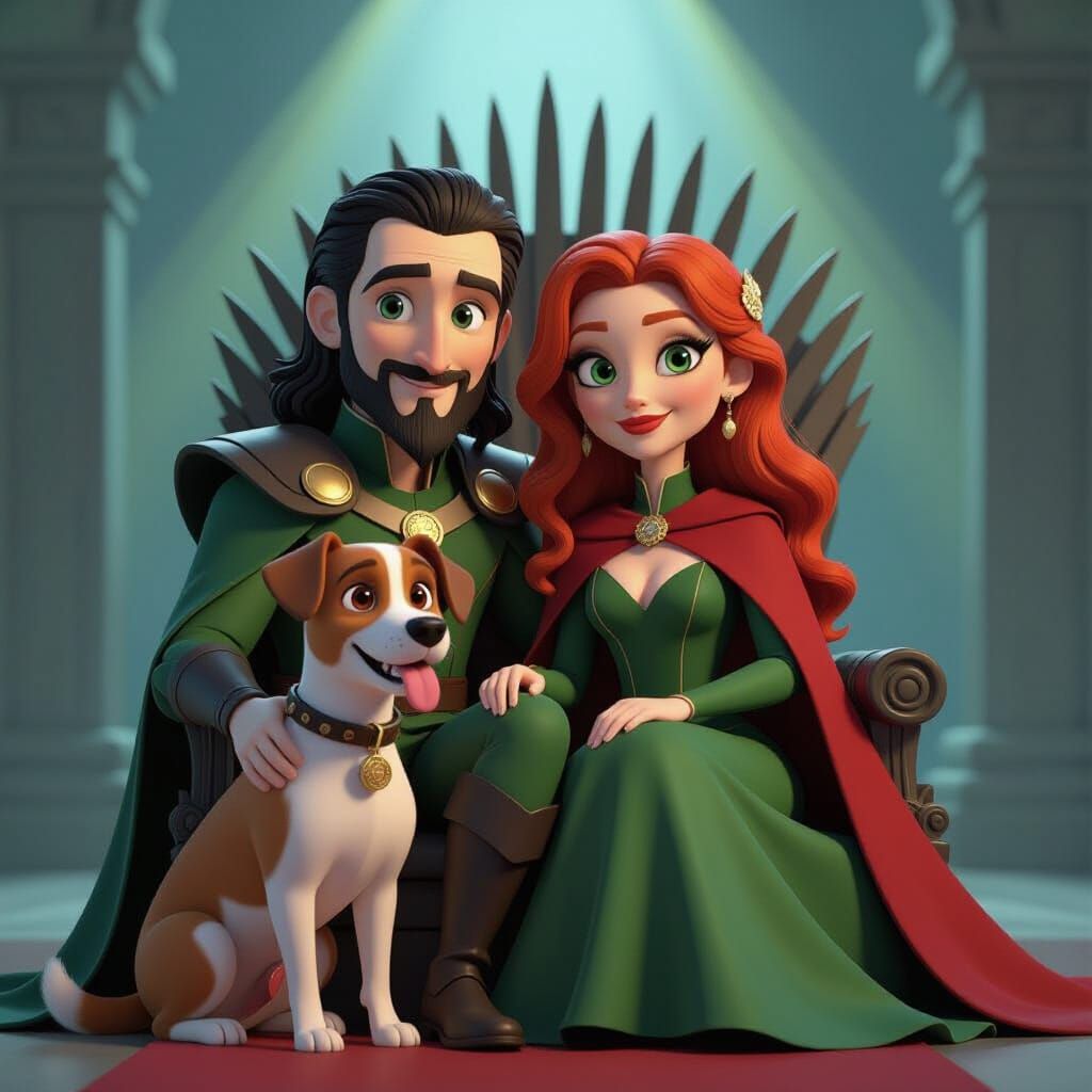Loki on Iron Throne with Jack Russell, Pixar Style