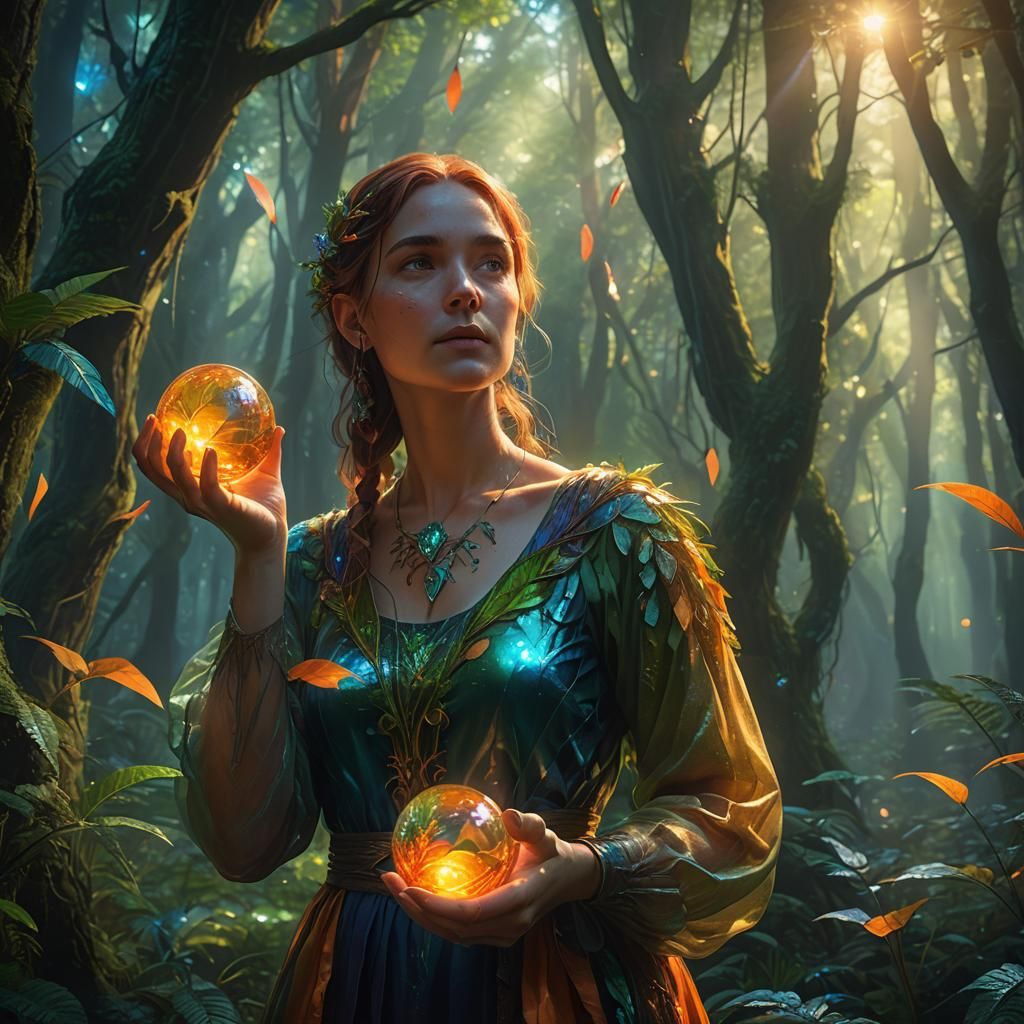 Woman with Rainbow Orange in Mystical Forest