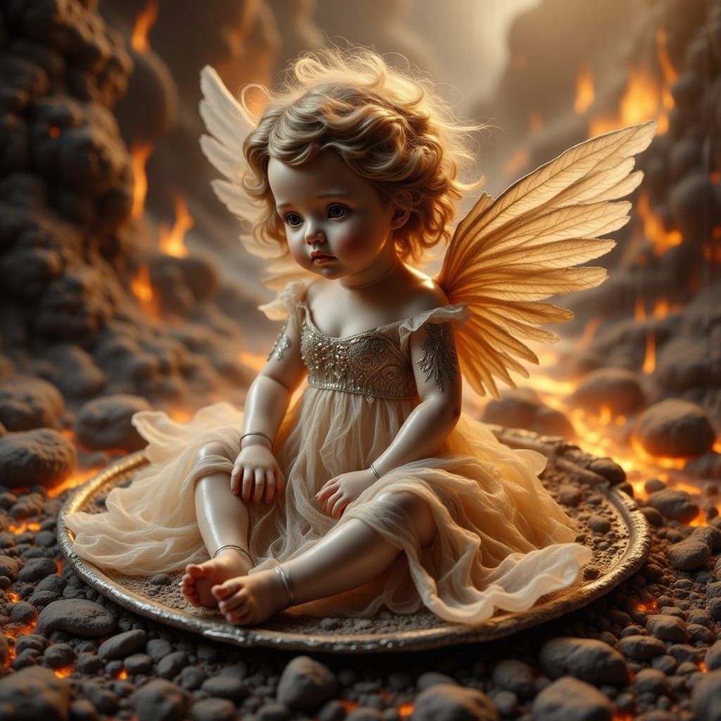 Serenely Perched Cherub Angel in Hyper-Realistic Silver Hues