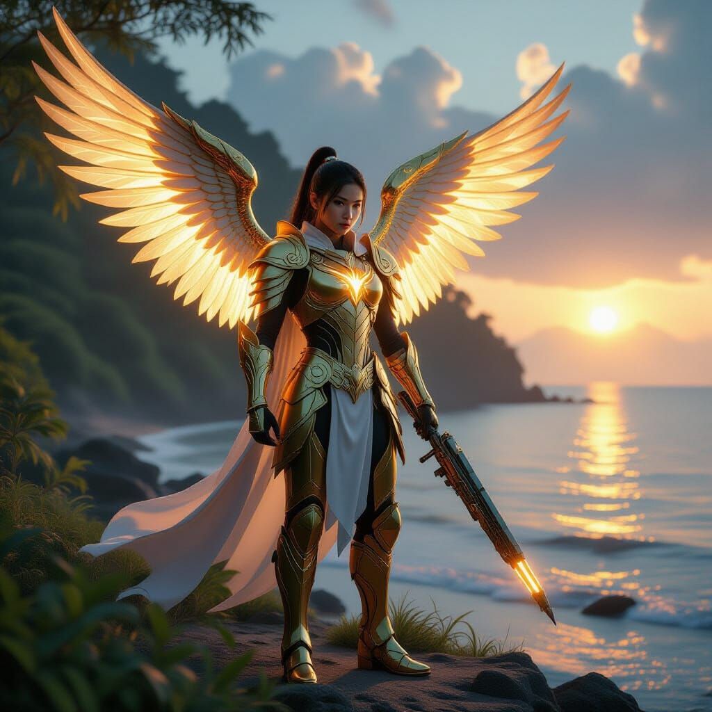 Golden Angelic Superhero at Seaside Forest Sunset