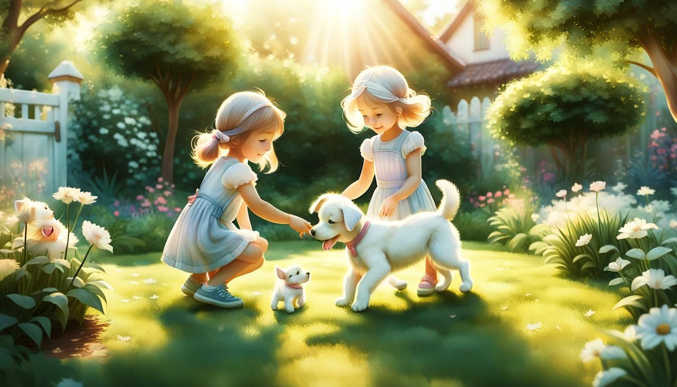 Girls Playing with Puppy in Garden, Pixar Style