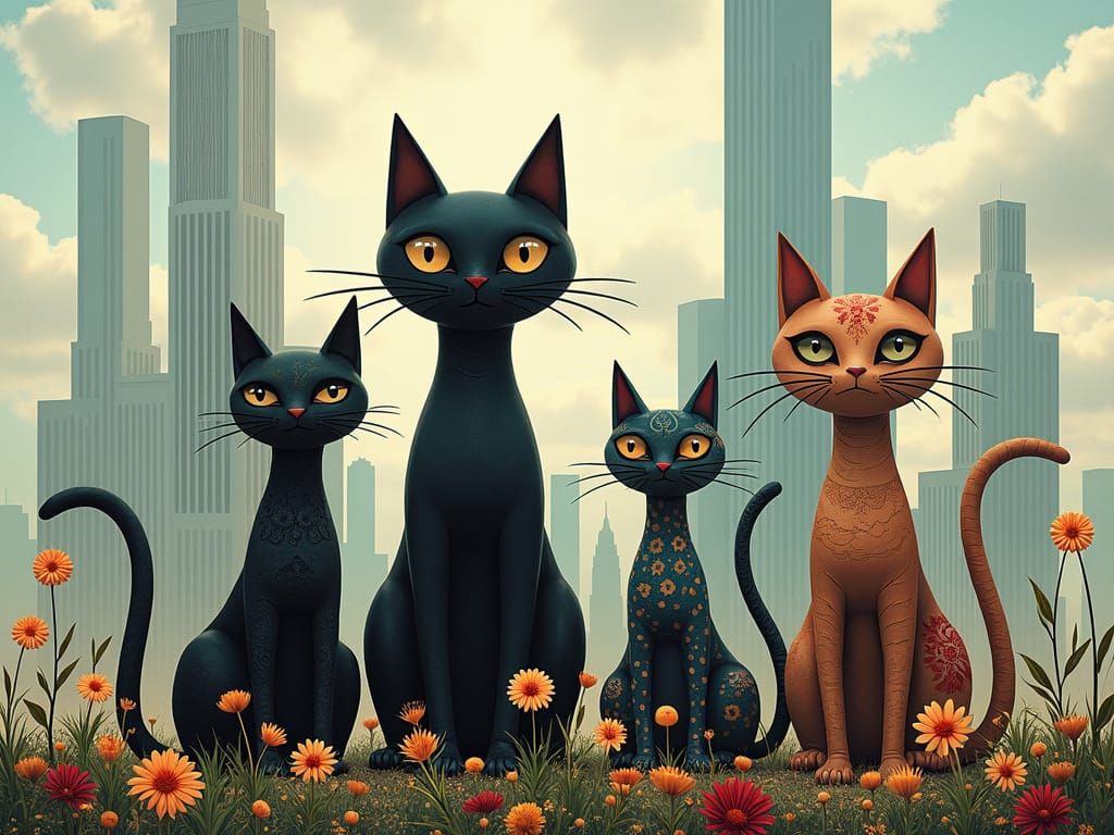 Whimsical Cityscape with Abstract Skyscrapers and Cats