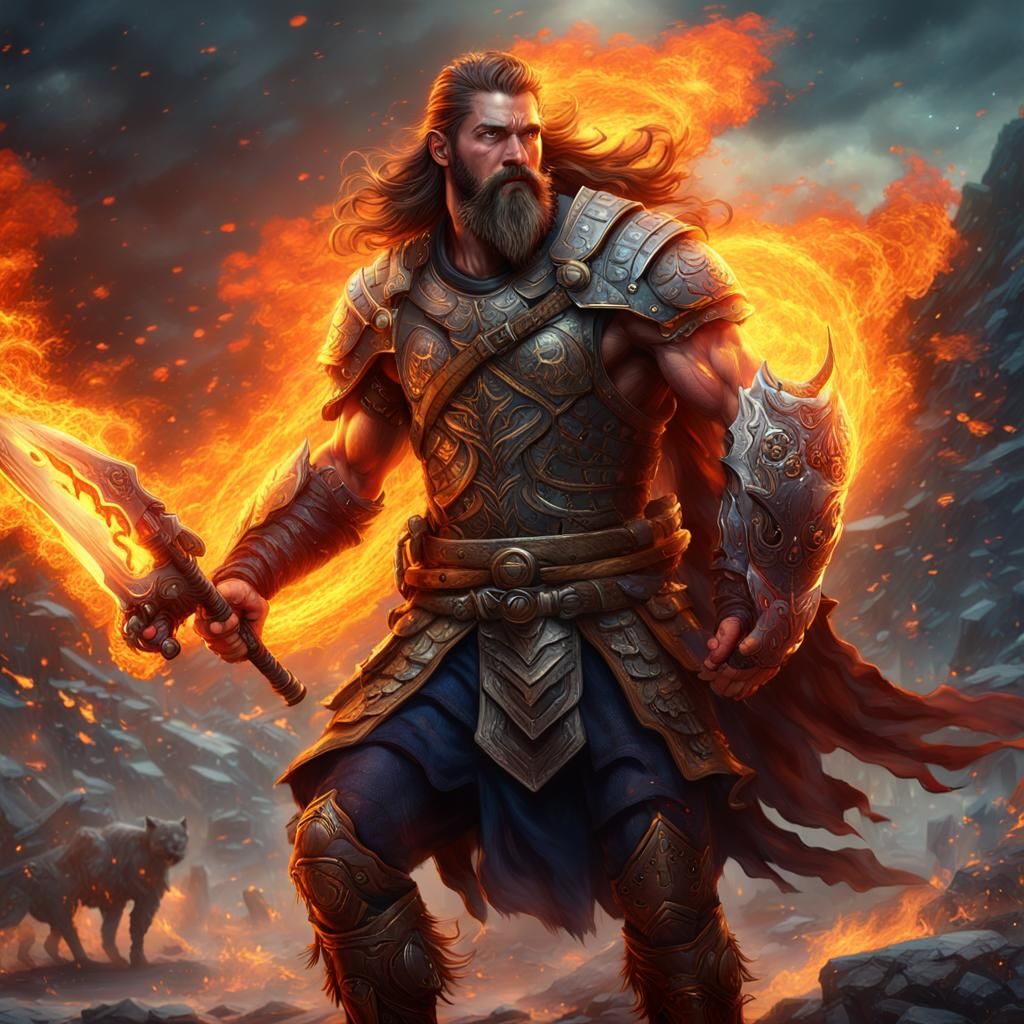 Fiery Warrior on Battlefield: Detailed Digital Art