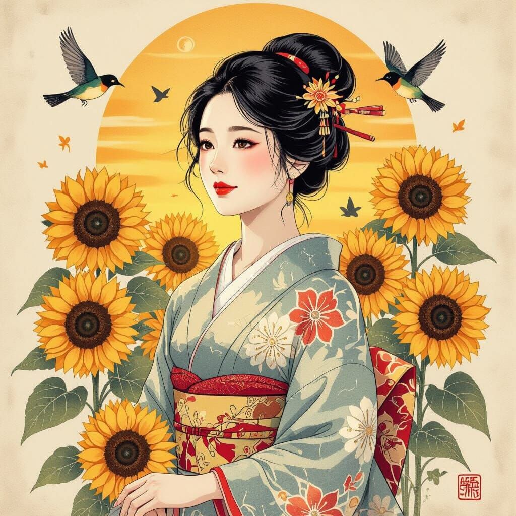 Woman in Sunflowers: An Ukiyo-e Style Image