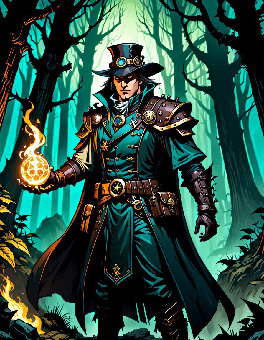 Steampunk Warlock in Dark Forest Comic Art Style