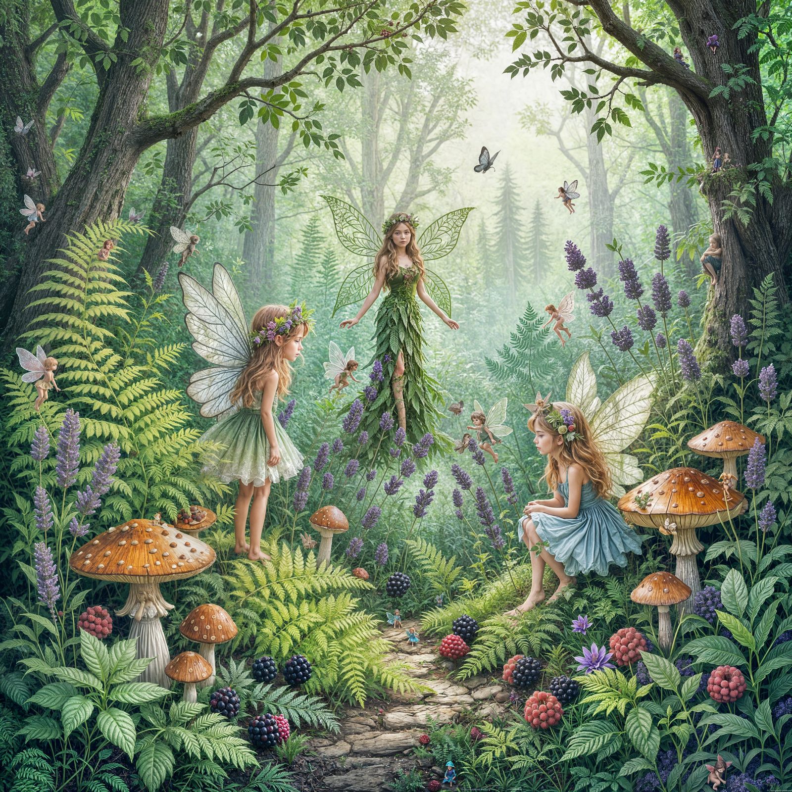Enchanted Forest Floor with Fairies and Flora