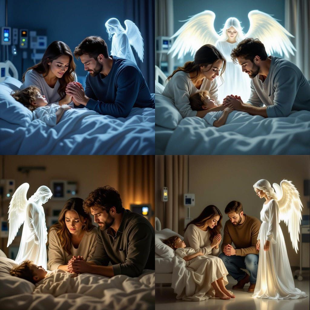 Parents Praying Over Unconscious Child with Angelic Presence