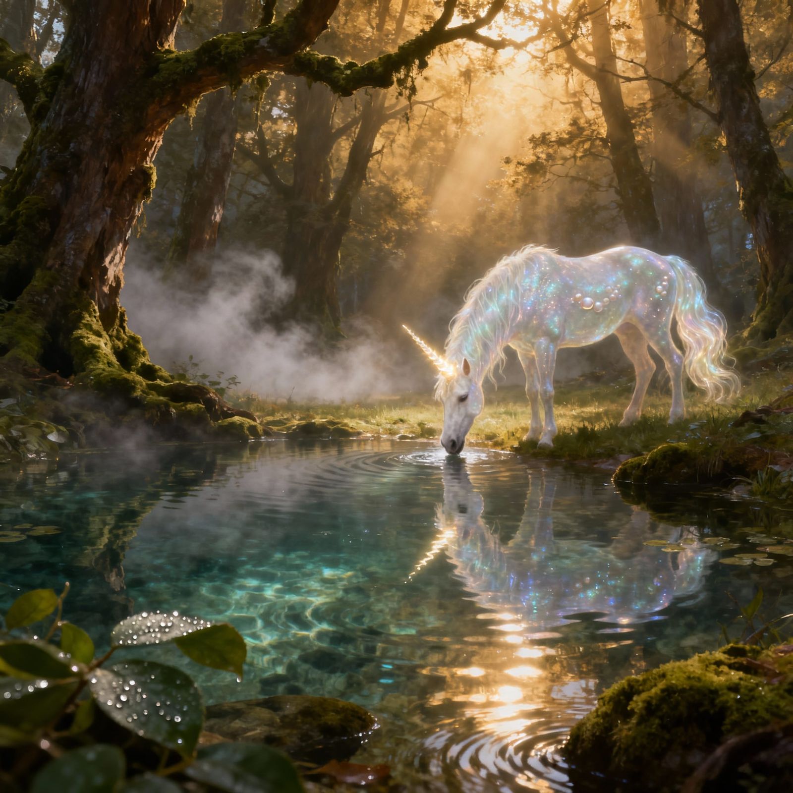 Ethereal Unicorn Drinks from Forest Pool in Cinematic Light