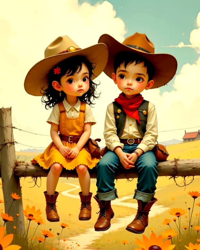 Western Children on Wooden Fence in Vibrant Color