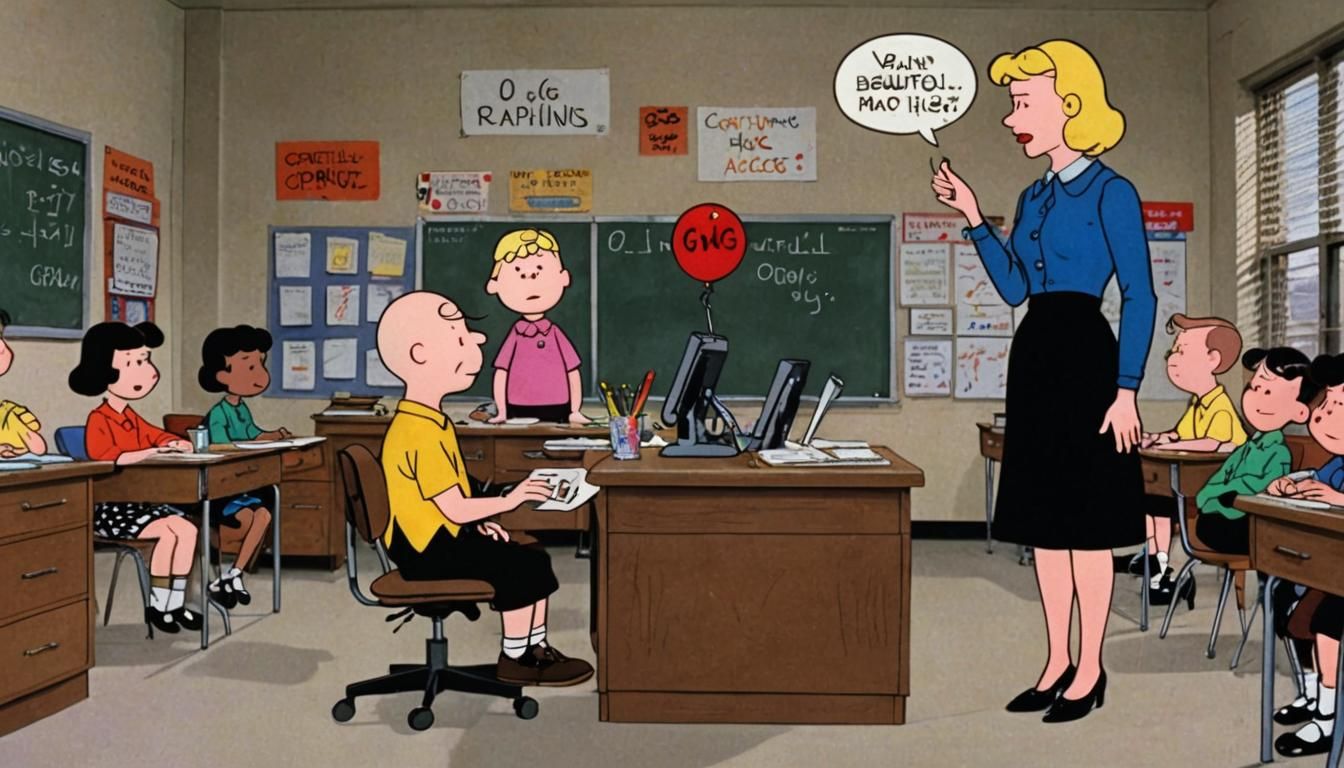Charlie Brown sits in a school classroom. Thinking about his...