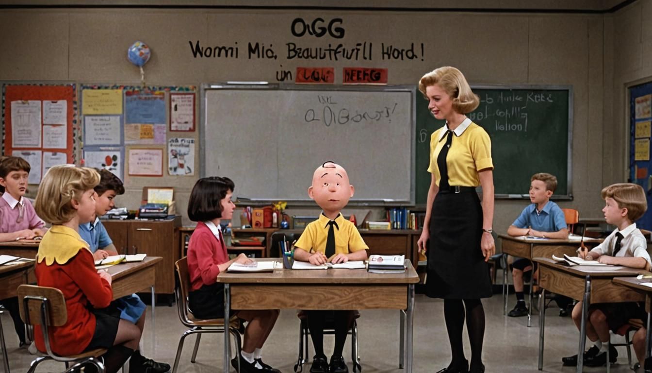 Charlie Brown sits in a school classroom. Thinking about his...