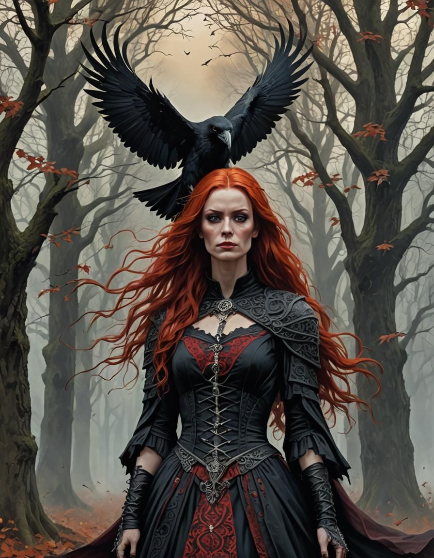 Gothic Celtic Raven Woman with Red Hair