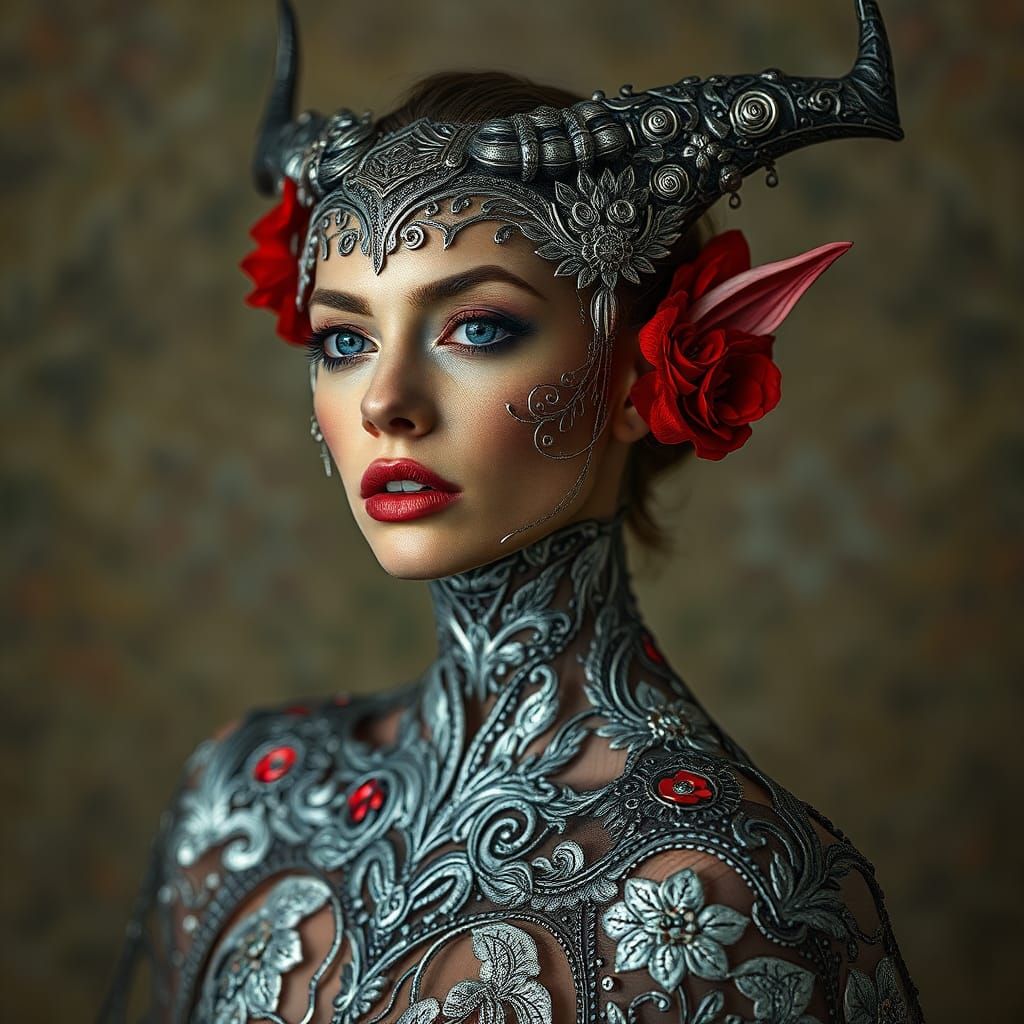 Dark Elven Portrait with Intricate Floral Details