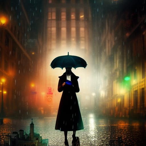 Steampunk Girl in Rainy City at Night
