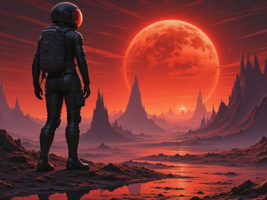 Astronaut on Ominous Exoplanet in Gothic Sci-Fi Style