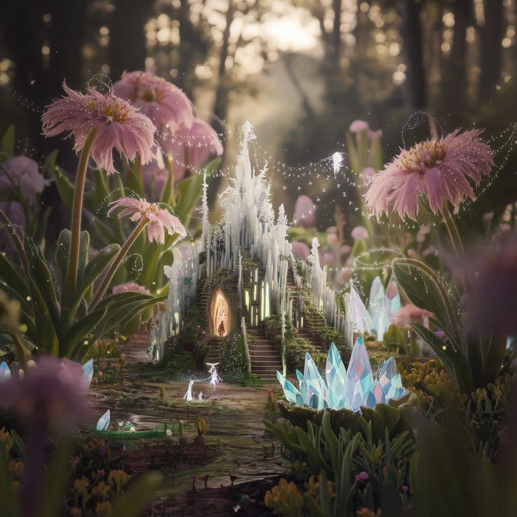 Bioluminescent Miniature City in Enchanted Forest Clearing