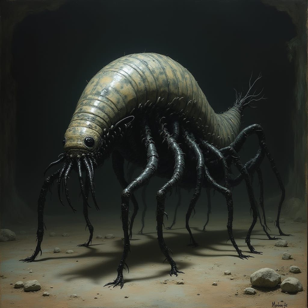 Grotesque Arthropod in Dark, Eerie Biomechanical Landscape