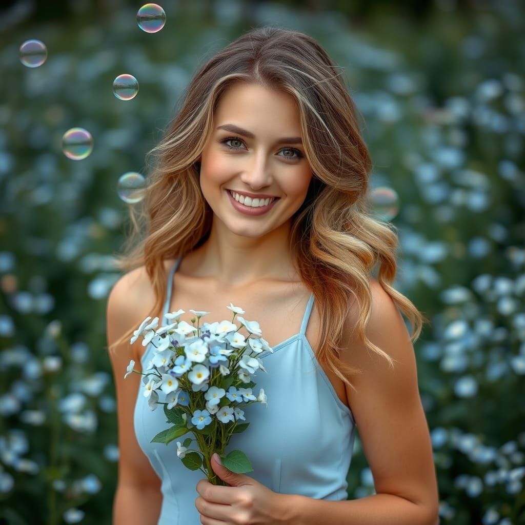 Woman in Garden with Forget-Me-Nots