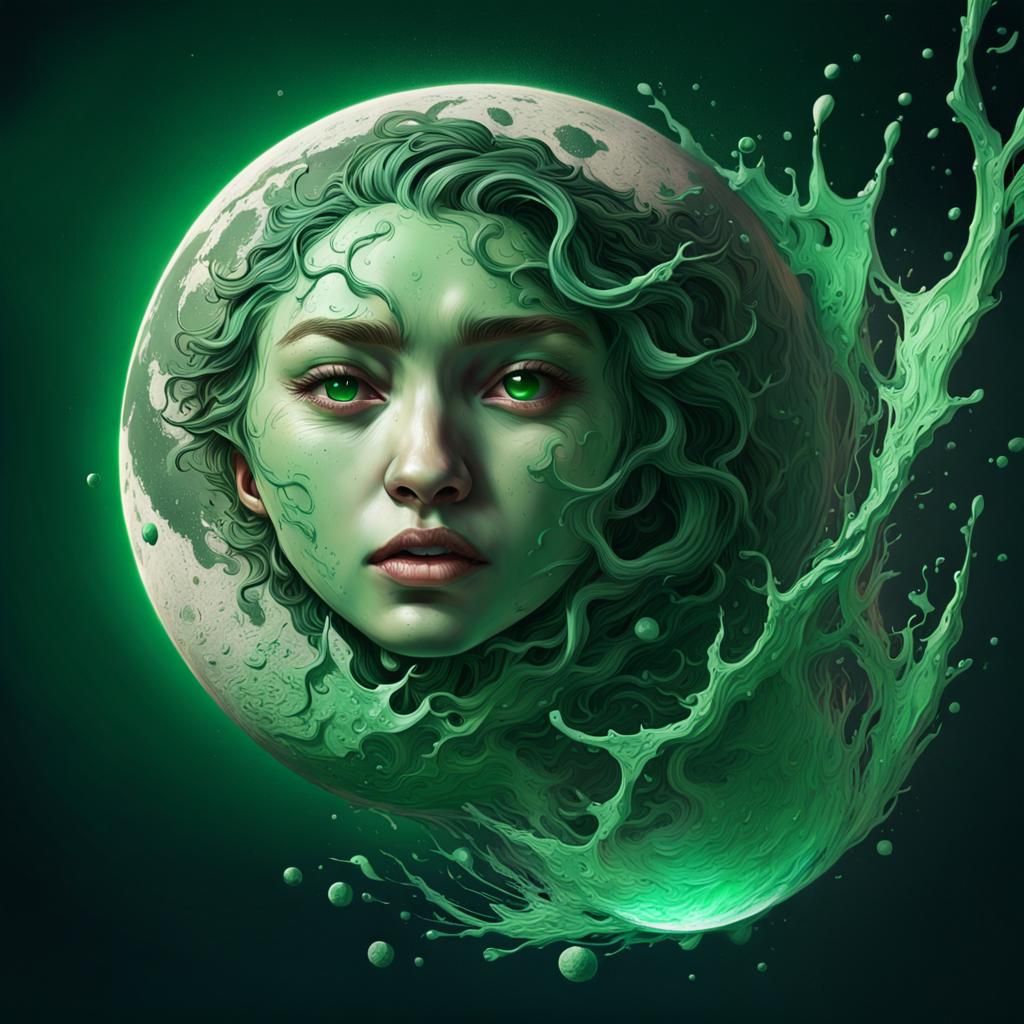 Hyperrealistic Green Moon in Splash Art Style