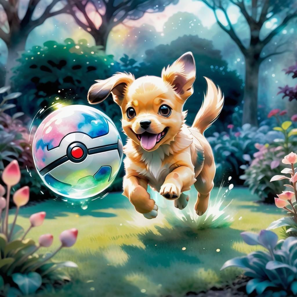 Bioluminescent Puppy Pokemon in Alien Garden: Watercolor Art